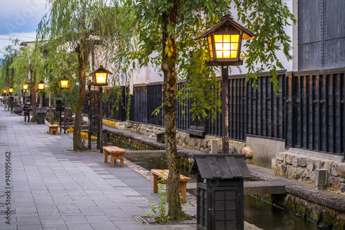 Hida, Gifu, Japan on Shirakabe Dozogai Street at twilight photo