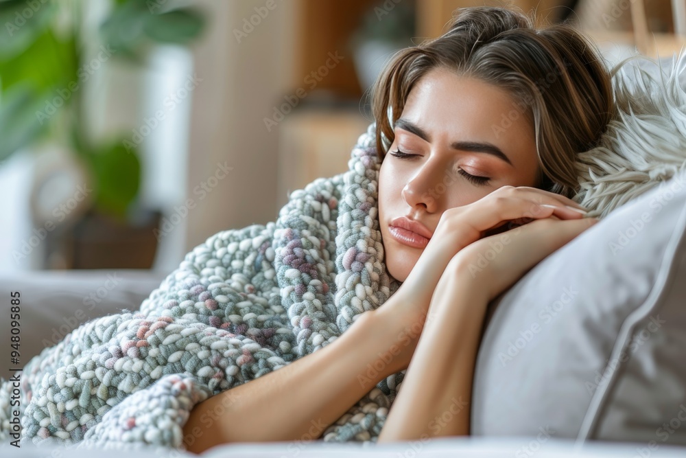 Young Woman Feels Unwell, Resting With Blanket on a Sofa Having a Nap, Illness at Home. Young Woman Feels Unwell, Resting With Blanket on a Sofa Having a Nap, Illness at Home.
