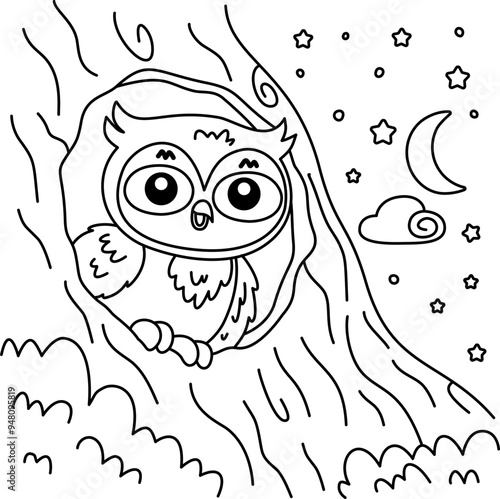 drawing outline owl in a hole in a tree, background of moon and stars.eps