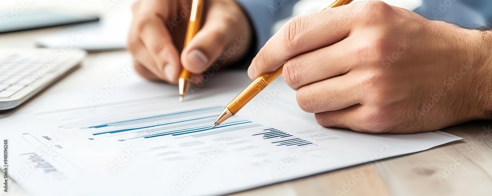 Business professionals analyzing financial graphs and data on paper, discussing strategies for growth and success. Office workspace environment. Business professionals analyzing financial graphs and data on paper, discussing strategies for growth and success. Office workspace environment.