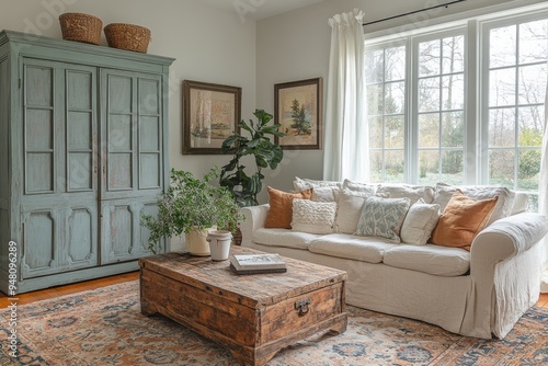 Charming living room designed with vintage furniture and soft textures. Generative AI