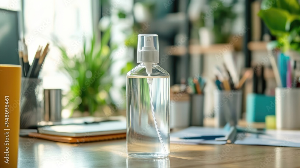 A clear bottle of hand sanitizer, placed on an office desk with supplies around. A clear bottle of hand sanitizer, placed on an office desk with supplies around.