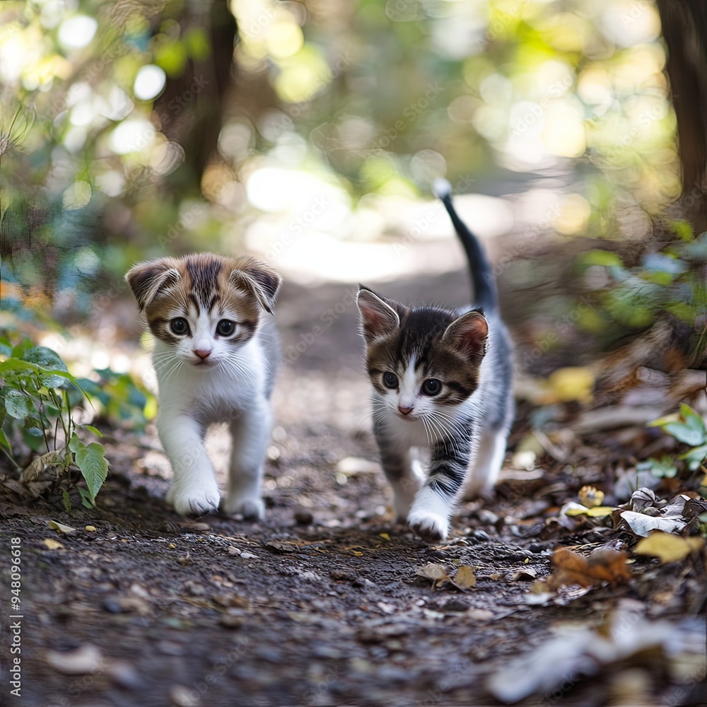 Fototapeta premium Puppy and kitty walking together on a trail in a park