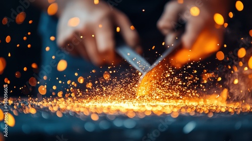 A craftsman skillfully sharpens a tool, surrounded by flying sparks, highlighting the precision, expertise, and dedication involved in metalworking. photo