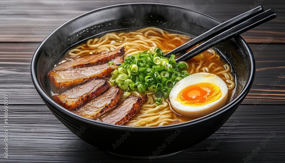 Delicious ramen bowl with sliced pork, boiled egg, and green onion garnished, served with chopsticks on a wooden table. Delicious ramen bowl with sliced pork, boiled egg, and green onion garnished, served with chopsticks on a wooden table.