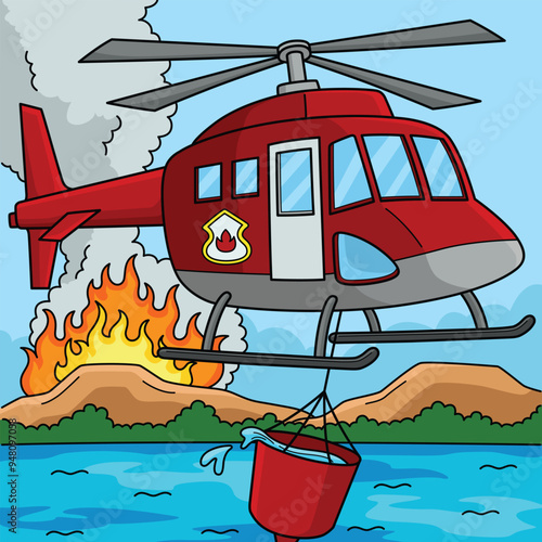 Firefighting Helicopter Vehicle Colored Cartoon  photo