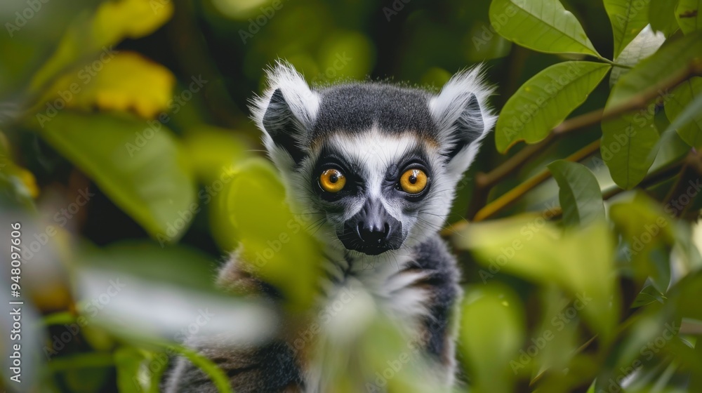 Fototapeta premium Curious Lemur in Lush Foliage