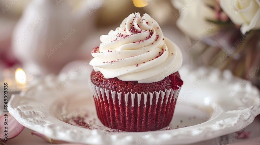 Decadent Red Velvet Cupcake on Elegant Serving Plate Decadent Red Velvet Cupcake on Elegant Serving Plate