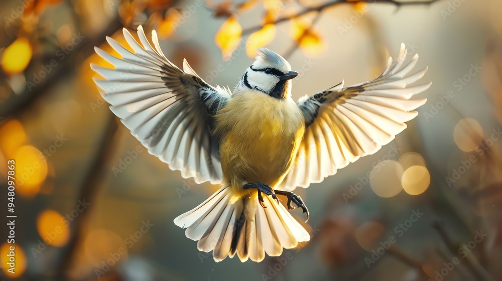 Obraz premium A blue jay with its wings spread in mid-flight.