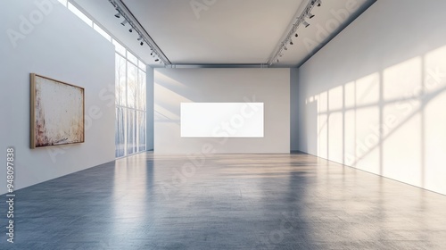 Empty Gallery Room with Blank Canvas and Abstract Painting