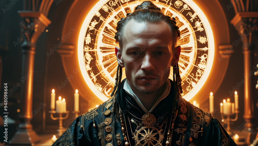 Fototapeta premium portrait of a European-type man with long hair in religious clothing sitting in a temple