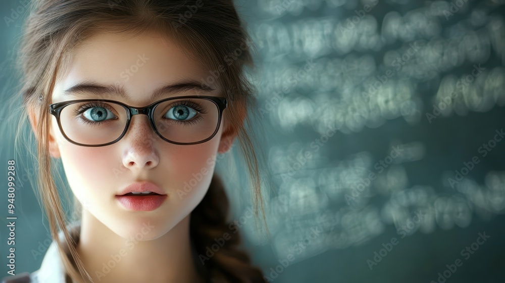 A young Caucasian girl with glasses gazes thoughtfully at the camera, set against a blurred chalkboard background. A young Caucasian girl with glasses gazes thoughtfully at the camera, set against a blurred chalkboard background.