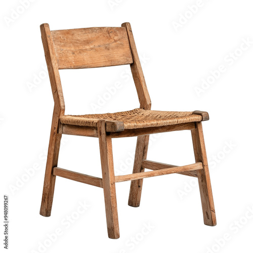 Charming Rustic Wooden Chair with a Woven Seat, Perfect for Adding Warmth to Any Space or Room Design