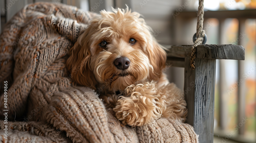 Φωτογραφία A Goldendoodle sitting on a porch swing with its owner, its fluffy head resting