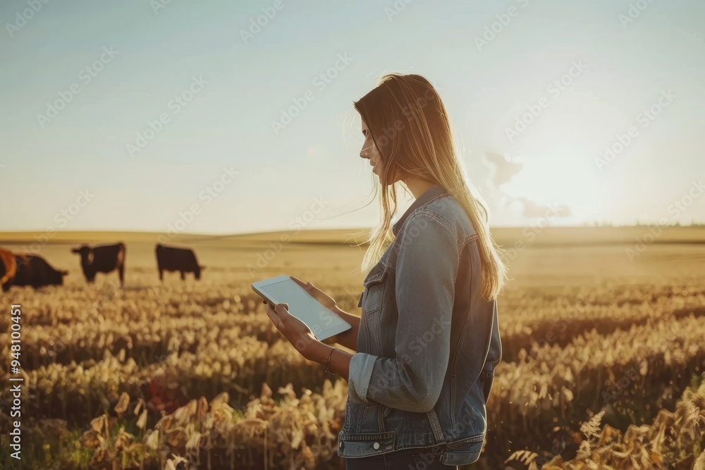 Fototapeta premium Modern Farmer Woman Using Digital Tablet in Wheat Field With Cows Agricultural Technology
