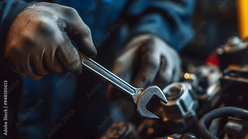 Closeup Mechanic Repairing Engine with Wrench in Automotive Workshop Closeup Mechanic Repairing Engine with Wrench in Automotive Workshop