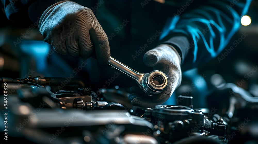 Mechanic Repairing Car Engine with Wrench in Garage Workshop Mechanic Repairing Car Engine with Wrench in Garage Workshop