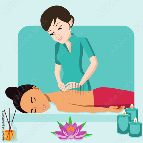 Needle Acupuncture treatment by professional acupuncturist in spa. Isolated flat vector illustration. European and Eastern ethnicity