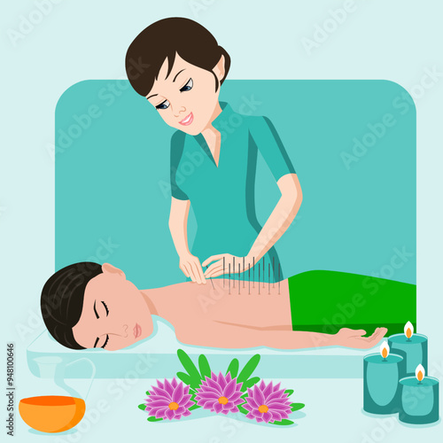 Needle Acupuncture treatment by professional acupuncturist in spa. Isolated flat vector illustration. European and Asian ethnicity.