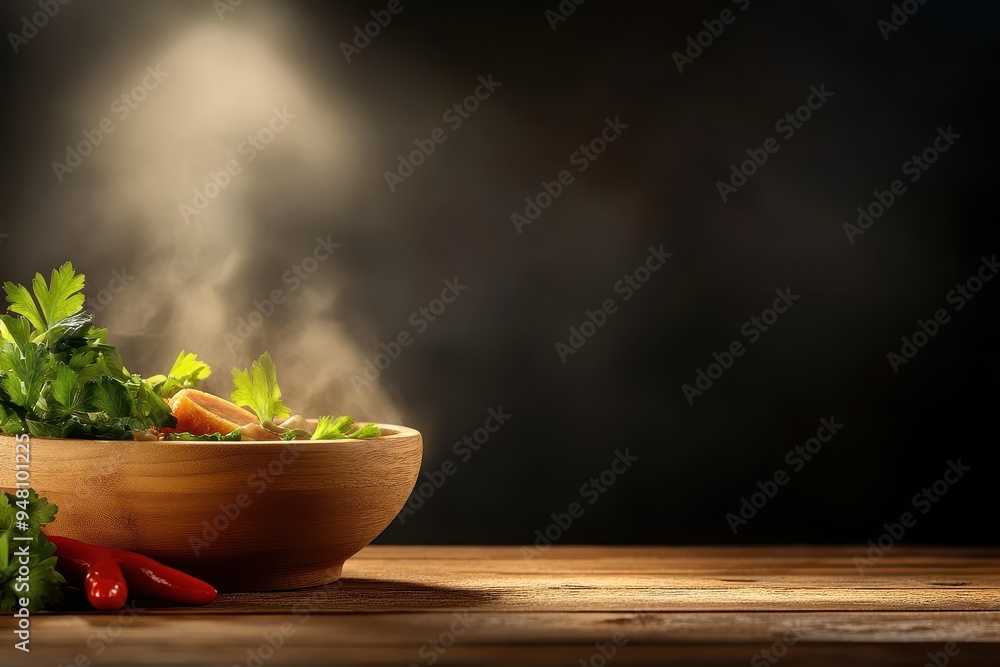 A steaming bowl of fresh herbs and vegetables on a wooden surface, illuminated by soft light, creating a cozy kitchen atmosphere. A steaming bowl of fresh herbs and vegetables on a wooden surface, illuminated by soft light, creating a cozy kitchen atmosphere.