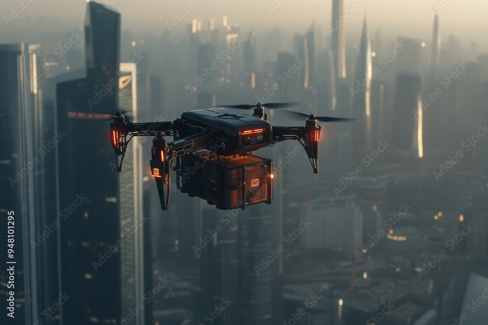 A drone transports a cargo box over a bustling city skyline at sunset, showcasing urban life and technological advancements A drone transports a cargo box over a bustling city skyline at sunset, showcasing urban life and technological advancements