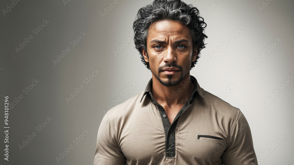 Obraz premium Indian looking man in grey shirt on plain background with space for inscription