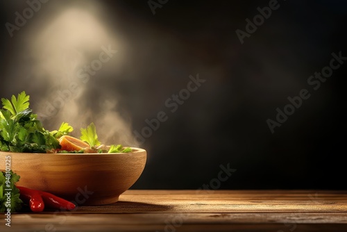 A steaming bowl of fresh herbs and vegetables on a wooden surface, illuminated by soft light, creating a cozy kitchen atmosphere.