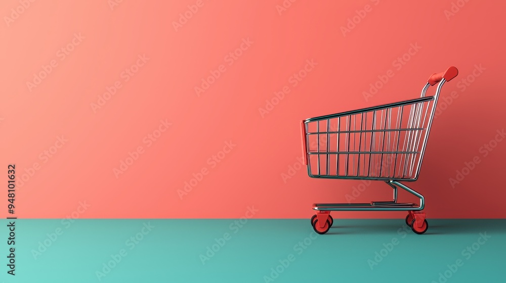 A vibrant shopping cart positioned against a coral wall and teal floor, symbolizing retail and consumerism in modern design. A vibrant shopping cart positioned against a coral wall and teal floor, symbolizing retail and consumerism in modern design.