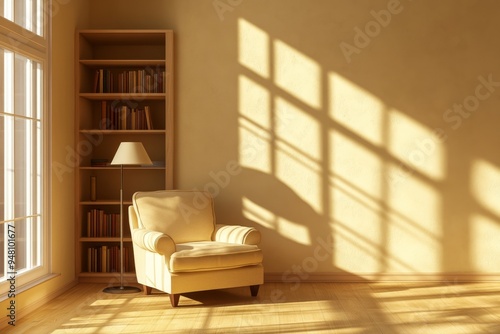 Inside the living room, there are a beige armchair, a bookshelf, and a panoramic window