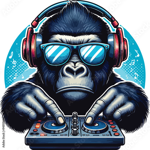Cool young DJ Gorilla with headphones and sunglasses enjoys the music	
