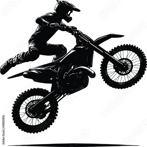Realistic silhouette of a motocross rider, man is doing a trick, isolated on white background. Enduro motorbike sport transport. Vector illustration	
