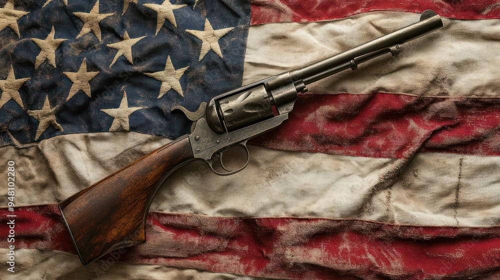Fototapeta premium A vintage revolver rests on a weathered American flag, symbolizing heritage and history.