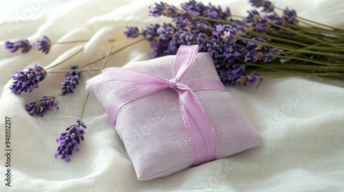 A close-up of a lavender sachet tied with ribbon, resting on a linen cloth with lavender flowers nearby