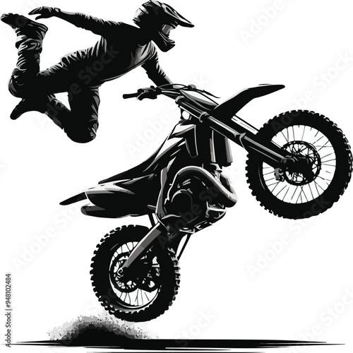 Realistic silhouette of a motocross rider, man is doing a trick, isolated on white background. Enduro motorbike sport transport. Vector illustration	