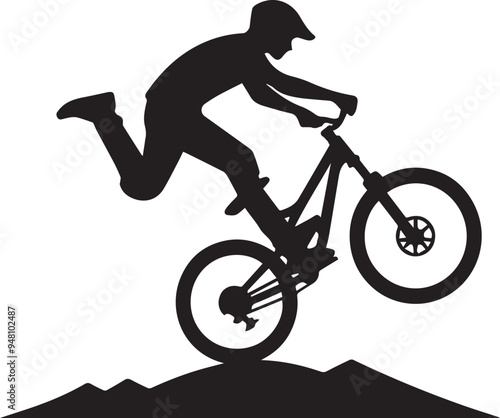 Abstract silhouette of a rider, man is doing a trick, isolated on a white background. Mountain cycling sport transport. Vector illustration	