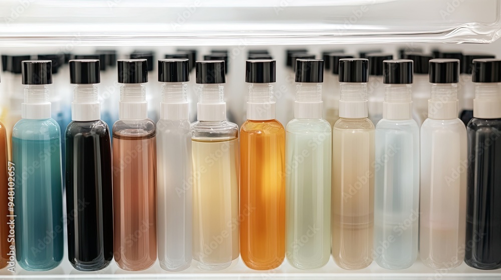 A collection of travel-sized shampoo bottles neatly organized in a clear toiletry bag A collection of travel-sized shampoo bottles neatly organized in a clear toiletry bag