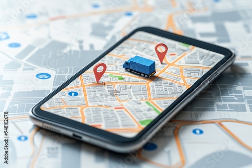 A smartphone displaying a GPS map with a delivery truck and location markers on a city background