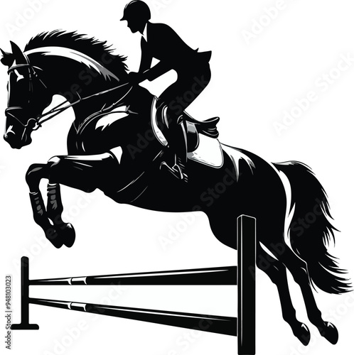 Equestrian horse and rider jumping silhouette. Vector illustration	