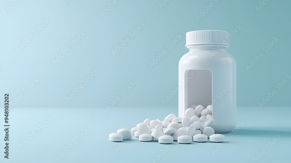 White Pills Spilling Out of a White Bottle on a Blue Background, Representing Medication and Health Care, Ideal for Illustrating Themes of Pharmaceuticals, Medicine, and Wellness, Highlighting the Con White Pills Spilling Out of a White Bottle on a Blue Background, Representing Medication and Health Care, Ideal for Illustrating Themes of Pharmaceuticals, Medicine, and Wellness, Highlighting the Con