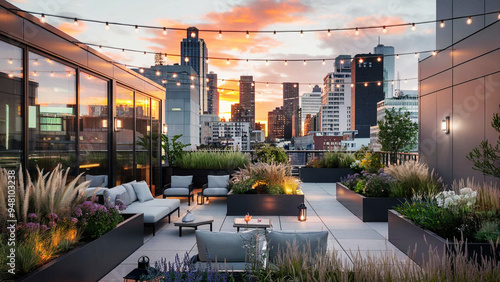 Urban Rooftop Garden at Sunset
