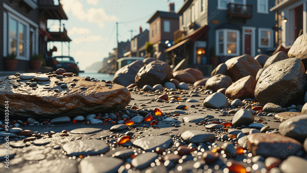 rocky street of norwegian town with pieces of amber rocky street of norwegian town with pieces of amber