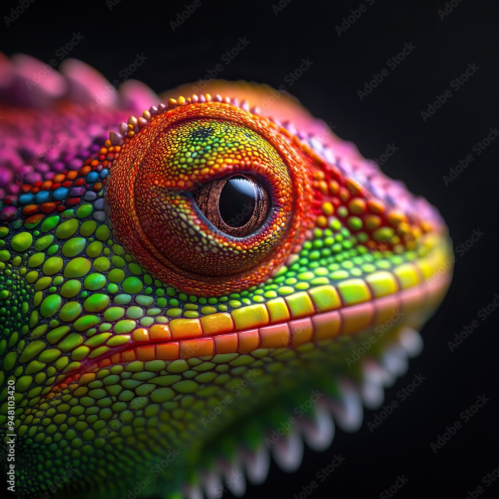 Fototapeta premium A vibrant close-up of a colorful lizard showcasing intricate textures and patterns, highlighting the beauty of nature's diversity.