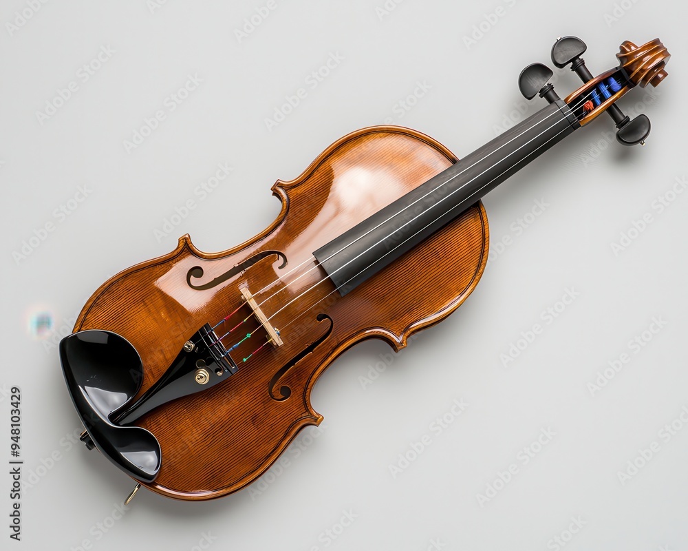 Fototapeta premium A beautiful wooden violin showcased on a neutral background, perfect for musical artistry, performances, and educational use.