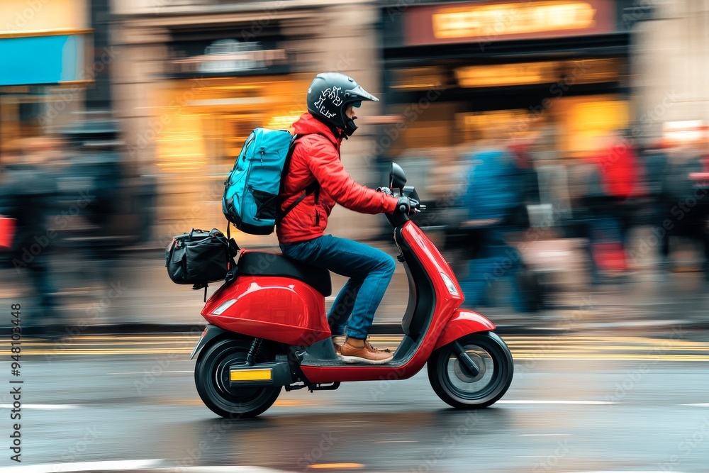 A delivery rider navigates a bustling city street on a red scooter while carrying a backpack during the day A delivery rider navigates a bustling city street on a red scooter while carrying a backpack during the day