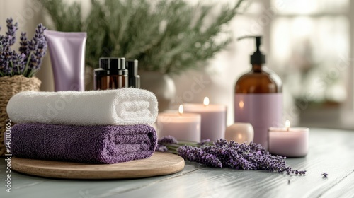 A serene spa scene with lavender-scented skincare products, candles, and fresh towels