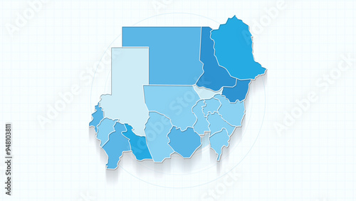 Blue Map of Sudan, Sudan map with borders of the states, country high detailed illustration map.