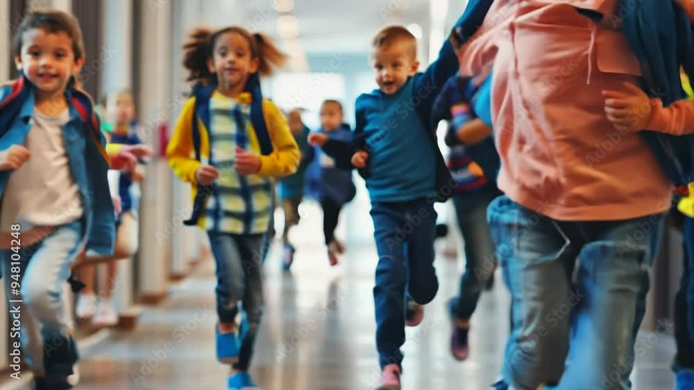 Children running down the hallway of the school Children running down the hallway of the school