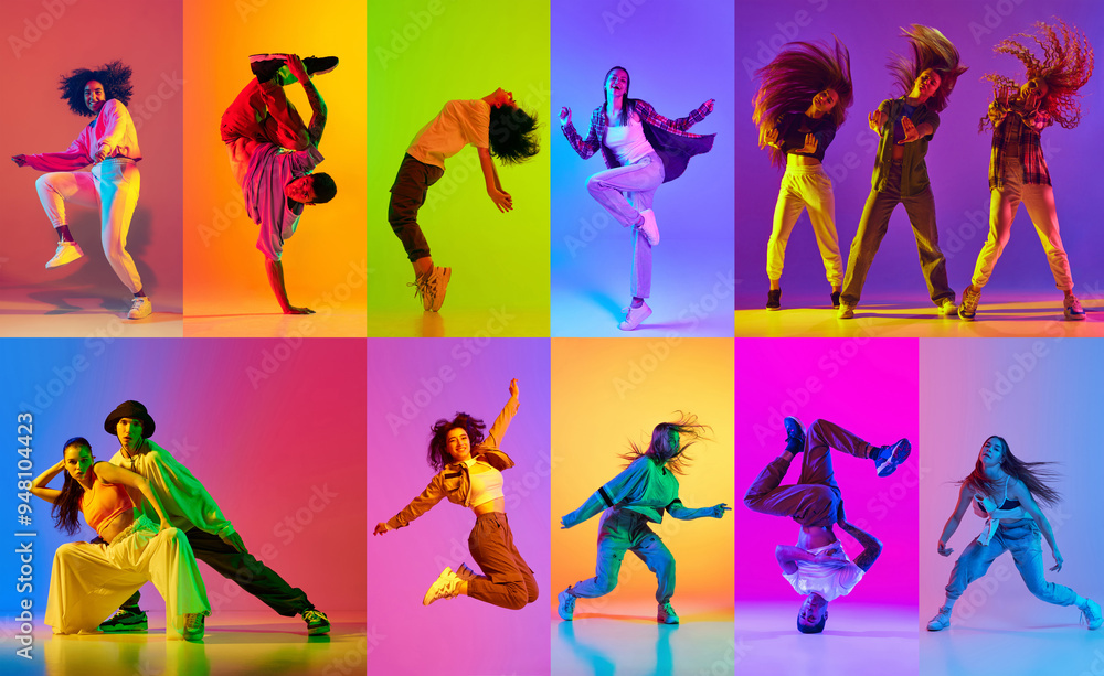 © master1305 - Collage. Dynamic movements of young people, men and women performing hip hop dance against multicolored background in neon light. Concept of art, choreography, creativity. Banner, flyer, ad © master1305 - Collage. Dynamic movements of young people, men and women performing hip hop dance against multicolored background in neon light. Concept of art, choreography, creativity. Banner, flyer, ad