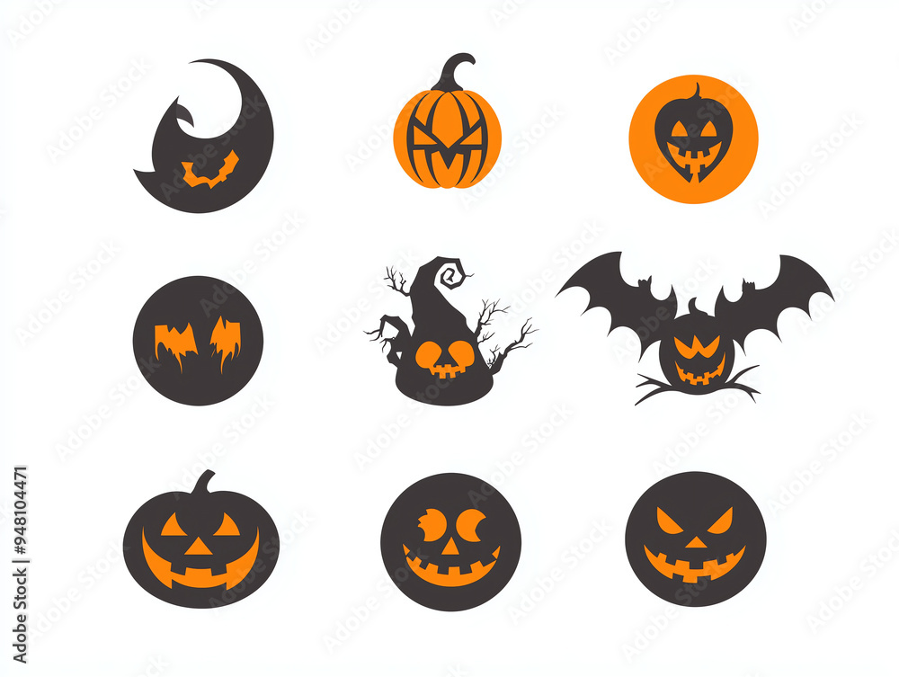 Icônes effrayant d'halloween sur fond blanc, citrouilles, chauves-souris, fantômes, araignées, maison hantée, logo terrifiants Icônes effrayant d'halloween sur fond blanc, citrouilles, chauves-souris, fantômes, araignées, maison hantée, logo terrifiants