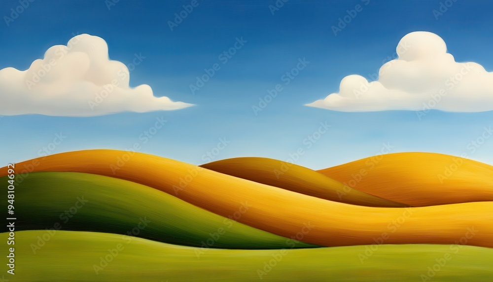 Obraz premium A serene landscape featuring rolling hills in vibrant colors under a bright blue sky with fluffy clouds, perfect for relaxation.